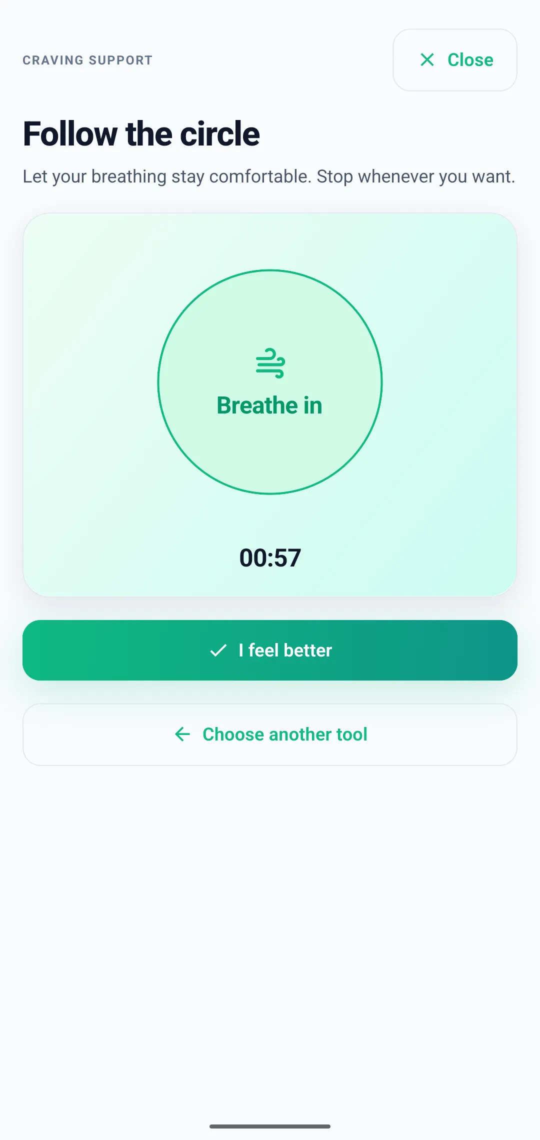 Craving support breathing screen with an expanding Breathe in circle and a 57 second countdown