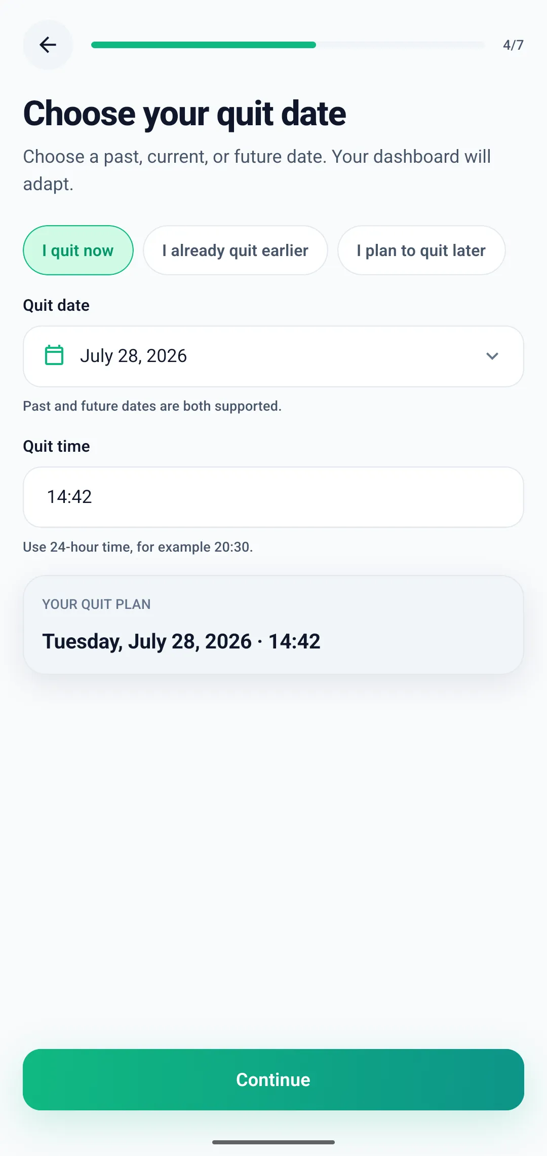 Onboarding quit date screen with options for quitting now, having quit earlier, or planning to quit later, plus date and time fields and a quit plan summary