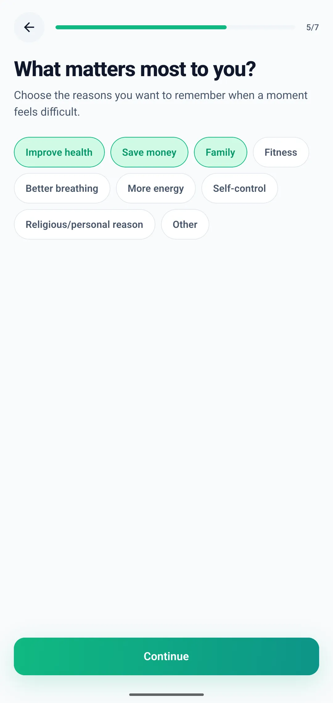 Onboarding screen titled What matters most to you with selectable reasons including improve health, save money, family, fitness, better breathing, and self-control